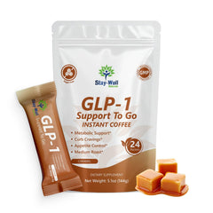 Stay-Well Slim Coffee GLP-1 vanilla bottle signals daily appetite support.