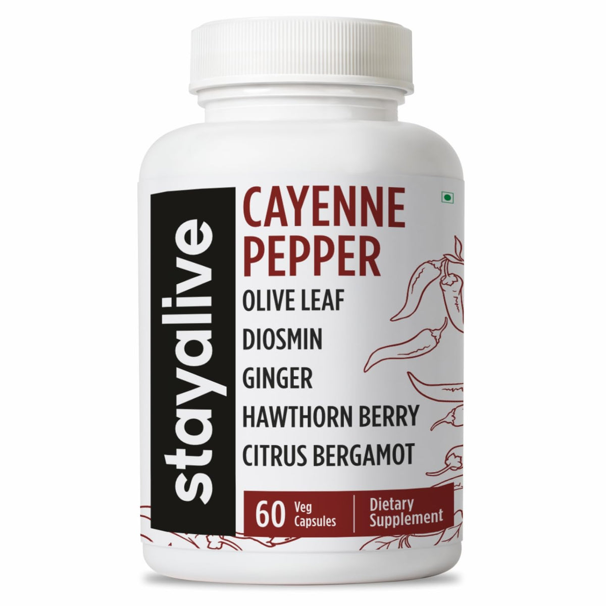 STAY ALIVE Cayenne Capsules bottle view highlighting a 10-in-1 blend for daily vitality.
