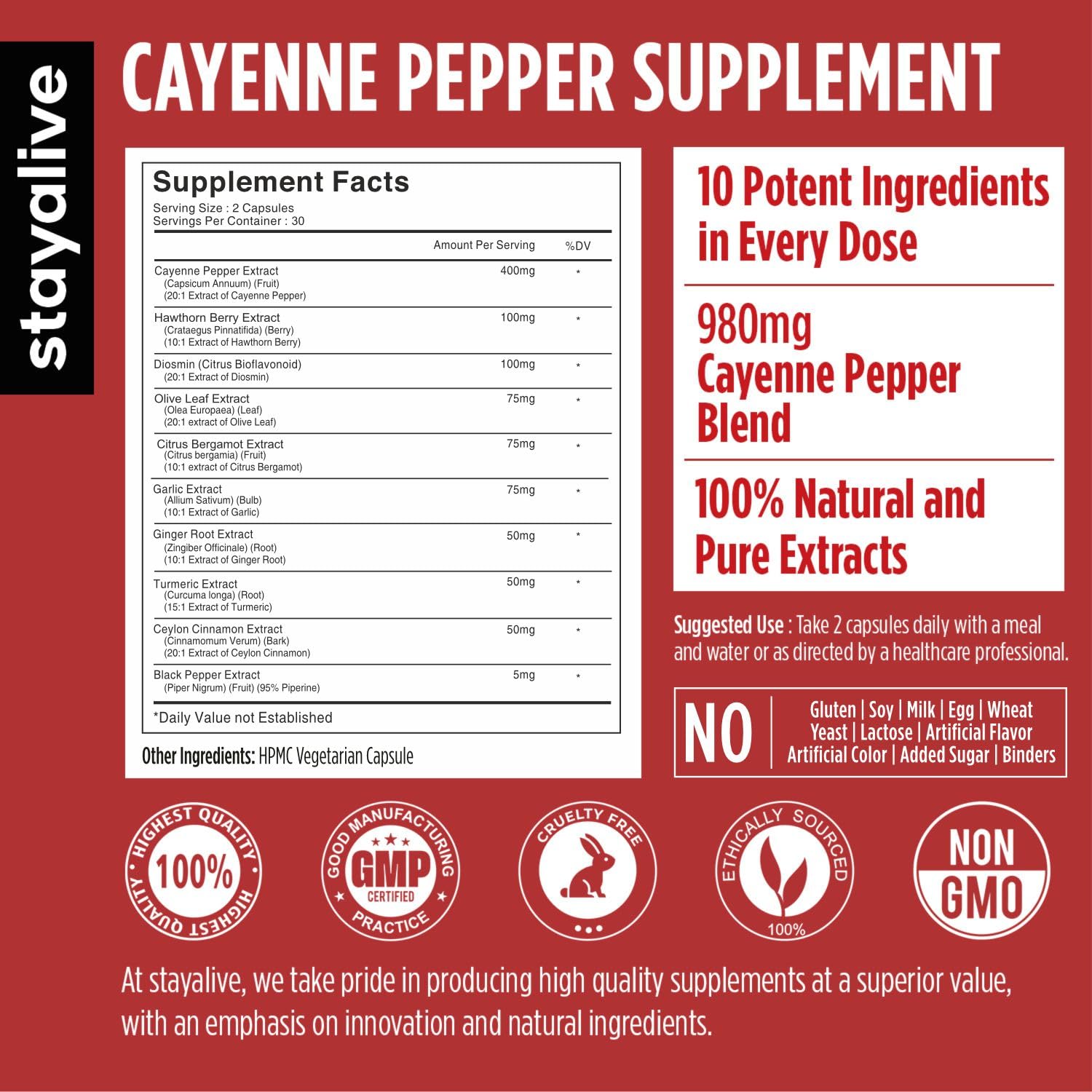 STAY ALIVE Cayenne Capsules label close-up emphasizing premium ingredients and clean vegan formulation.