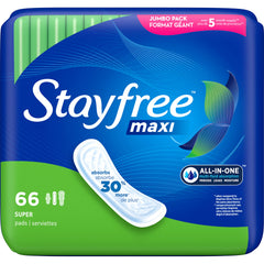 Stayfree Maxi Pads for Women Super 66 Count packaging showing reliable all-day protection