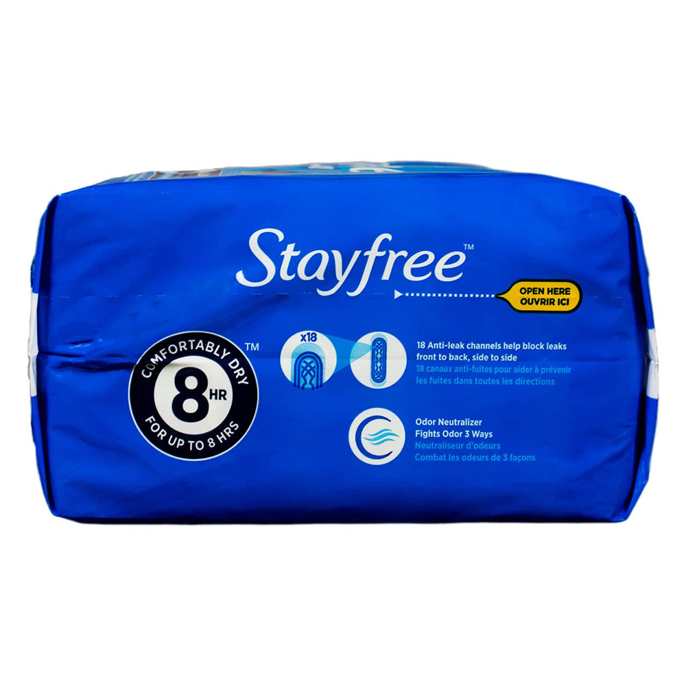 Stayfree Reg Maxi Pad odor-neutralizers visual emphasizes discreet freshness throughout the day.