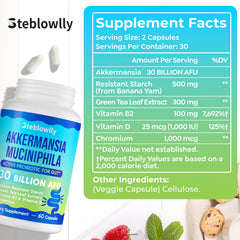 Steblowlly Akkermansia capsules showing daily dose of two capsules.