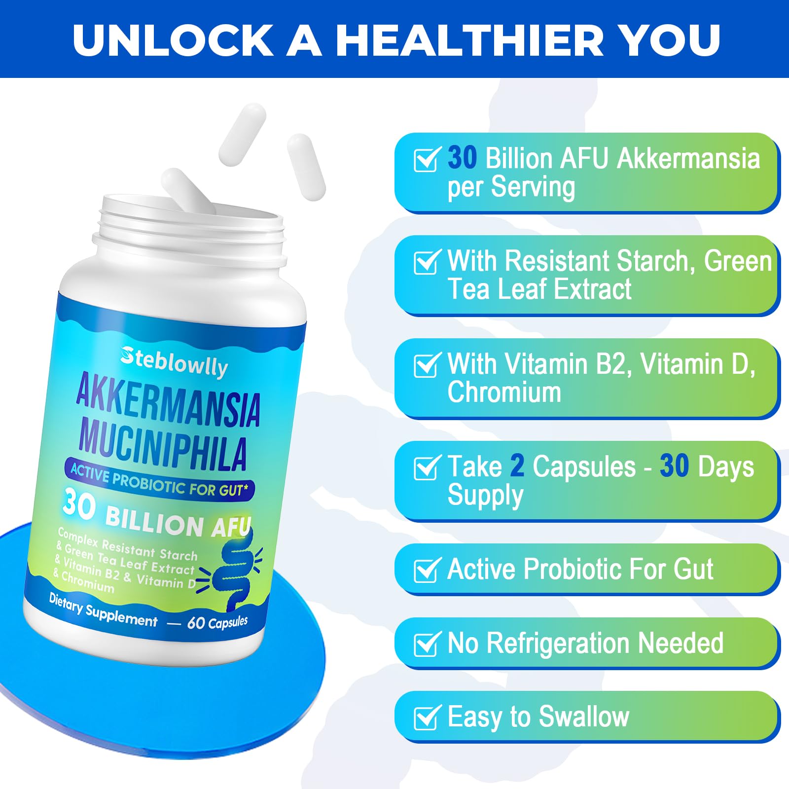 Steblowlly Akkermansia formula with chromium and green tea for metabolic and immune support.