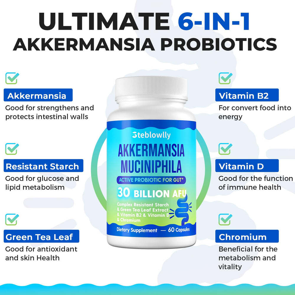 Steblowlly Akkermansia ingredients with green tea leaf and resistant starch emphasize synergy.