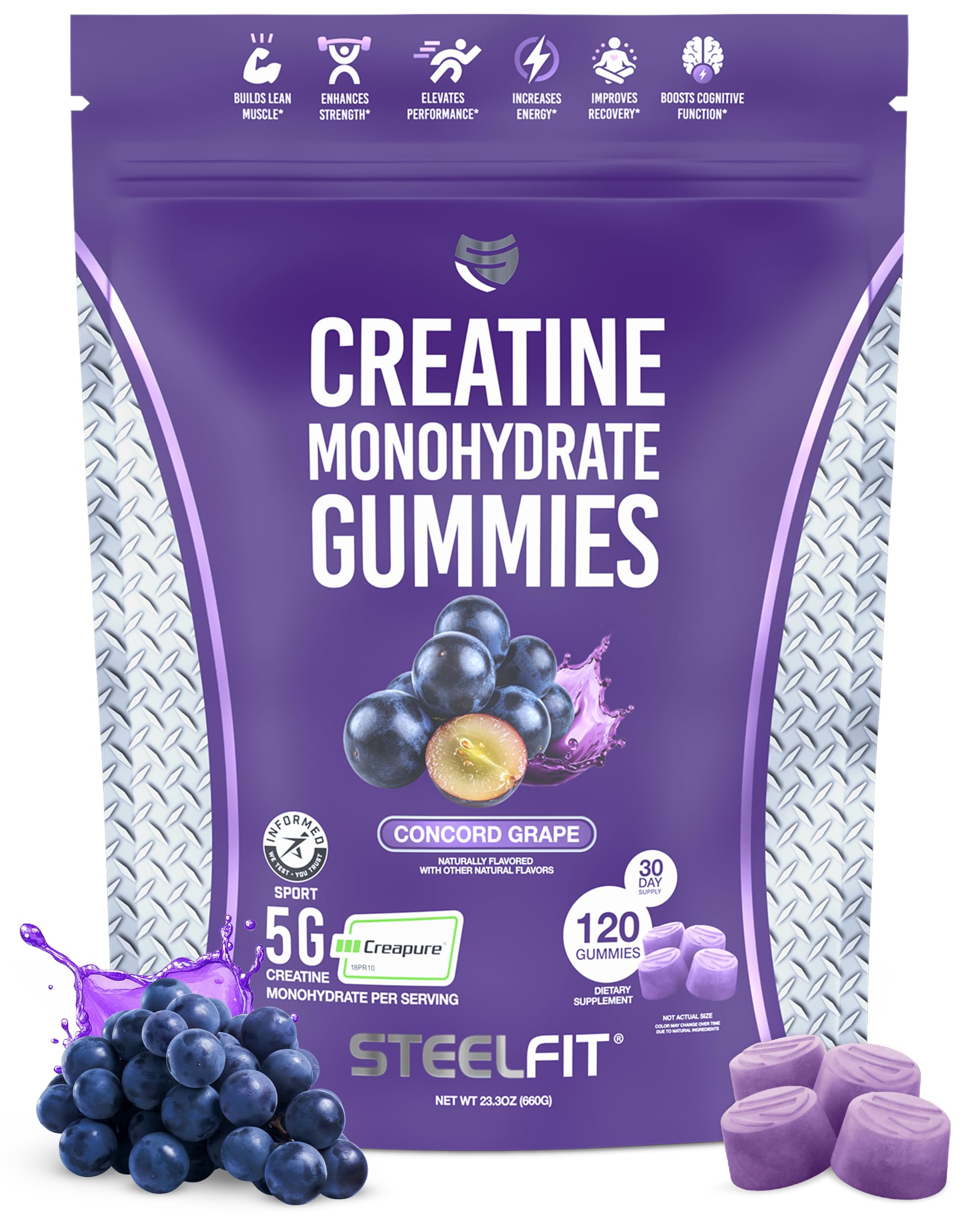 SteelFit Creapure gummies bottle with Concord Grape flavor for convenient workouts.