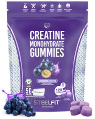 SteelFit Creapure gummies bottle with Concord Grape flavor for convenient workouts.