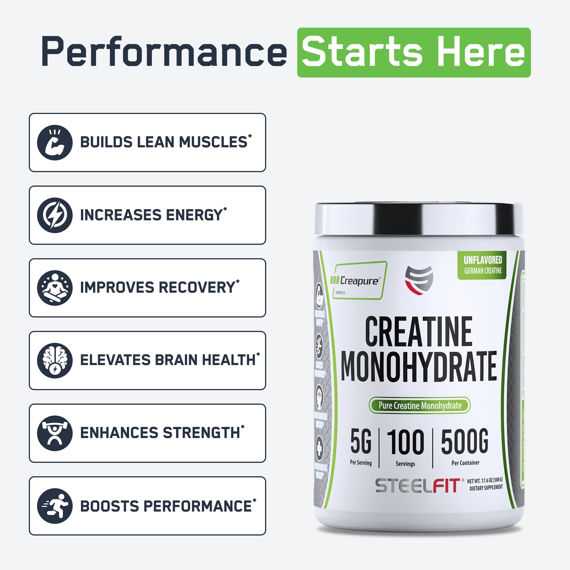 SteelFit Creapure powder with level scoop, ideal for precise 5g daily serving.