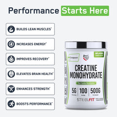 SteelFit Creapure powder with level scoop, ideal for precise 5g daily serving.