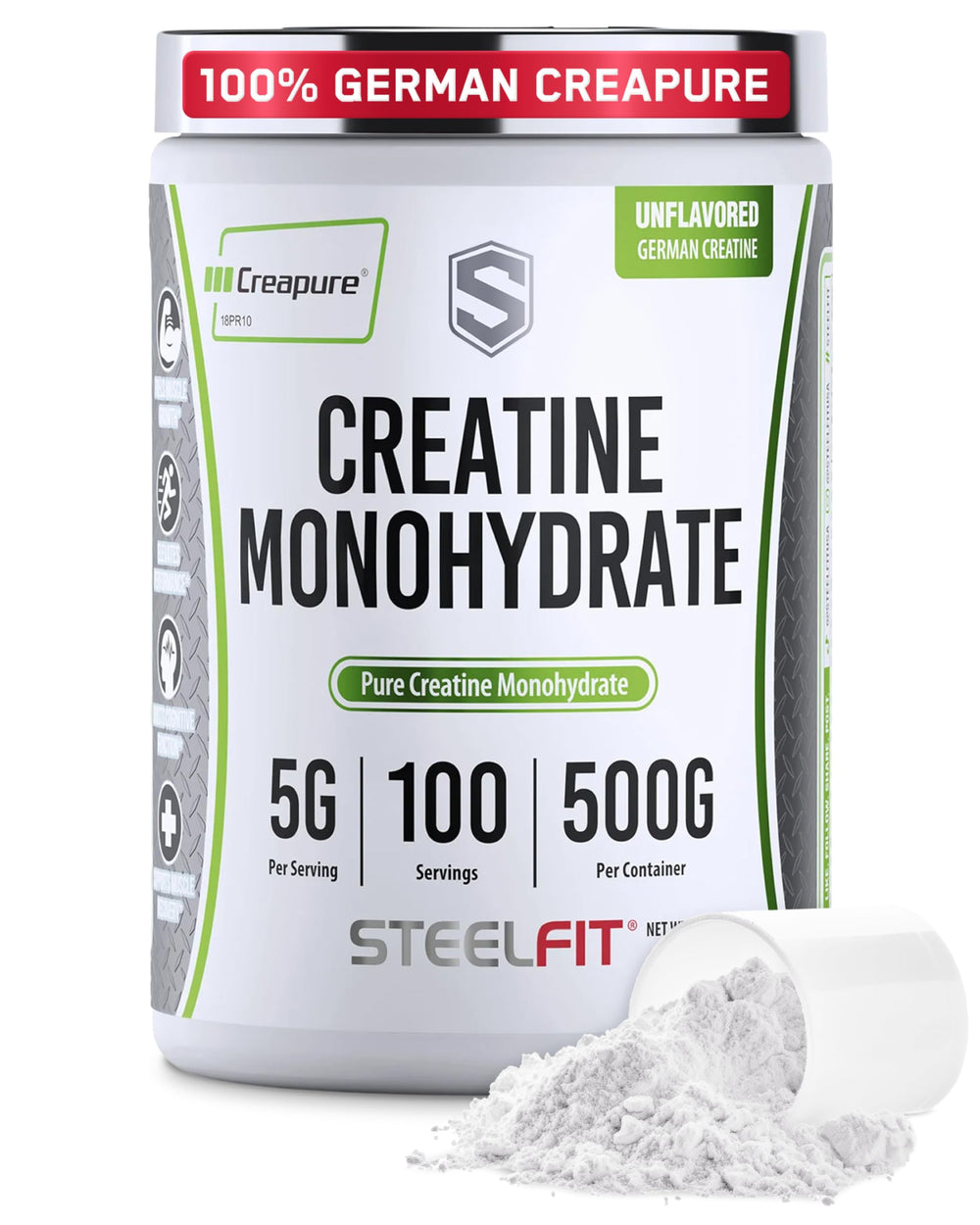 SteelFit Creapure Creatine Monohydrate powder bottle—unflavored, ready for daily mixing.