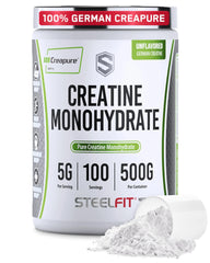 SteelFit Creapure Creatine Monohydrate powder bottle—unflavored, ready for daily mixing.