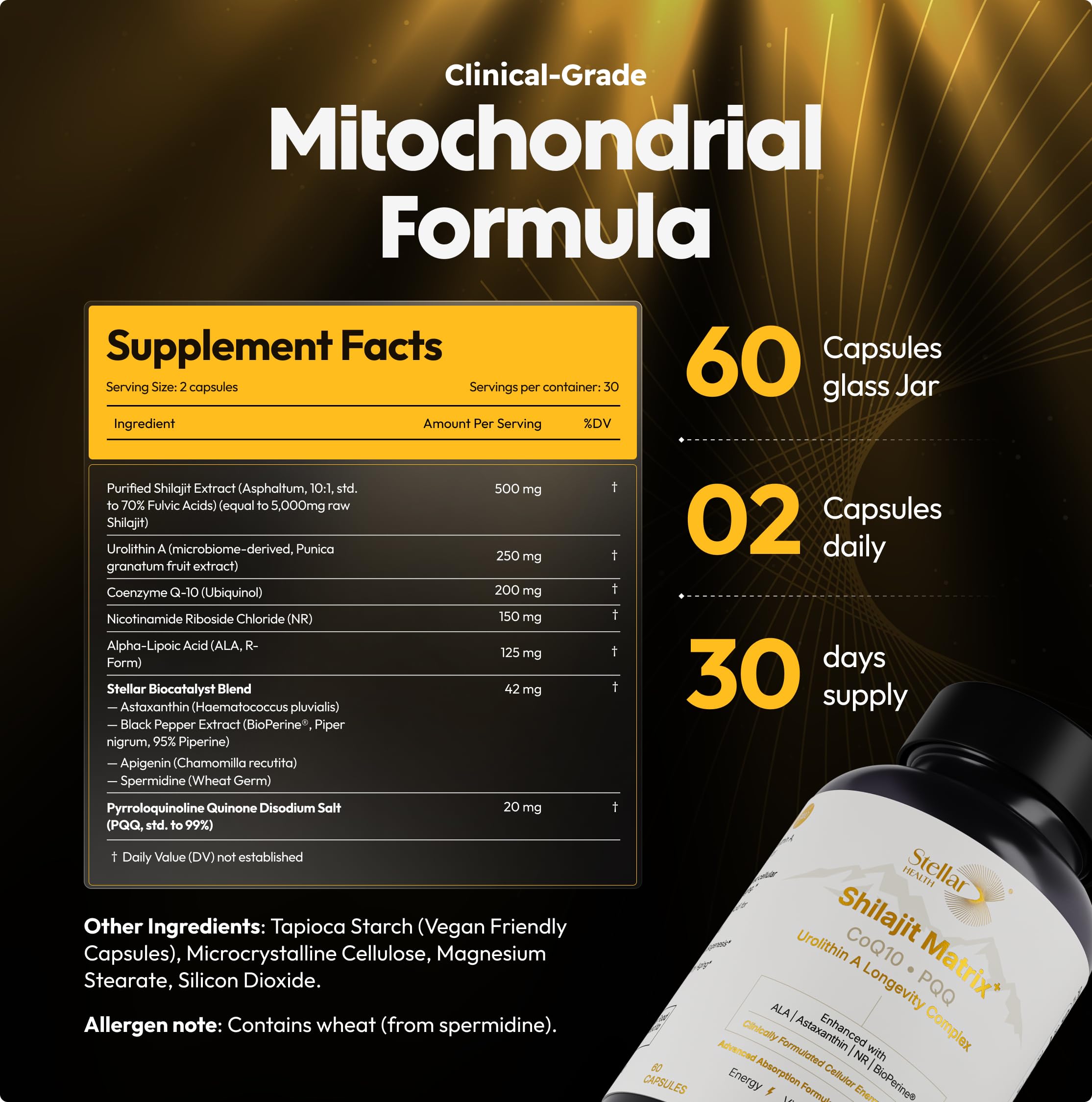 Ingredients panel of Stellar Health Complex featuring PQQ and NR for mitochondrial support