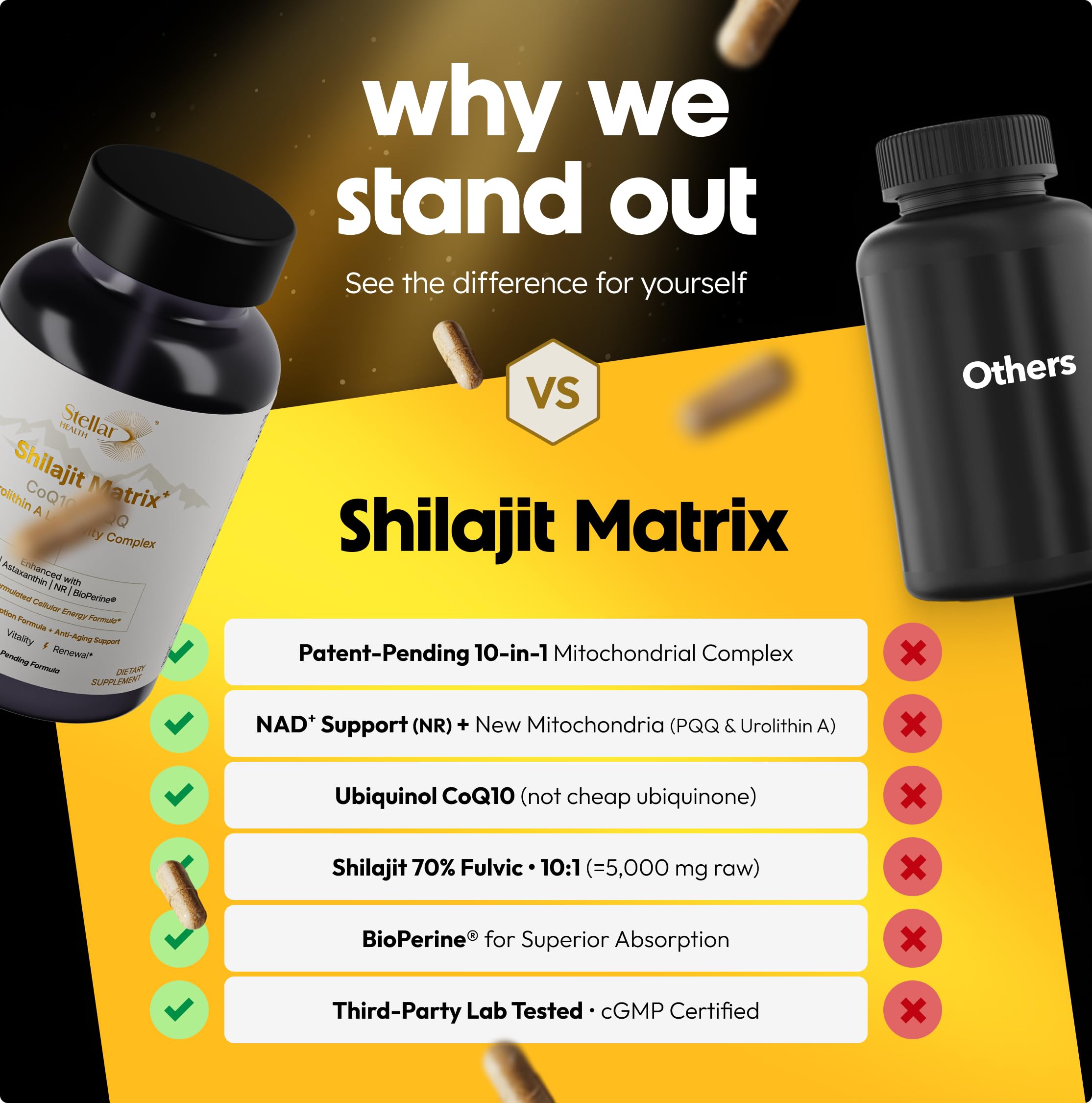Shilajit visual illustration highlighting fulvic acids and mineral profile in Stellar Health