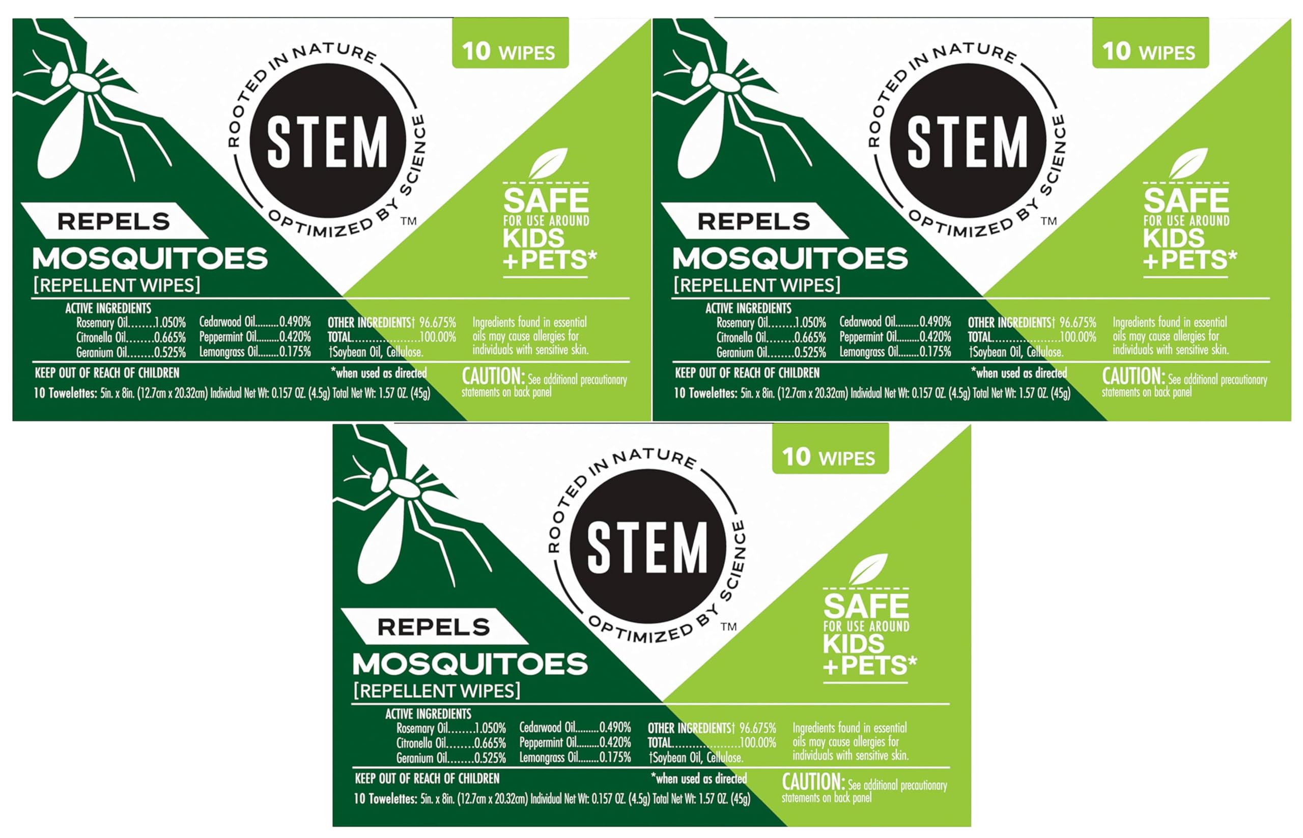 Stem Repels Mosquitoes wipes in a 3x10-pack for easy application