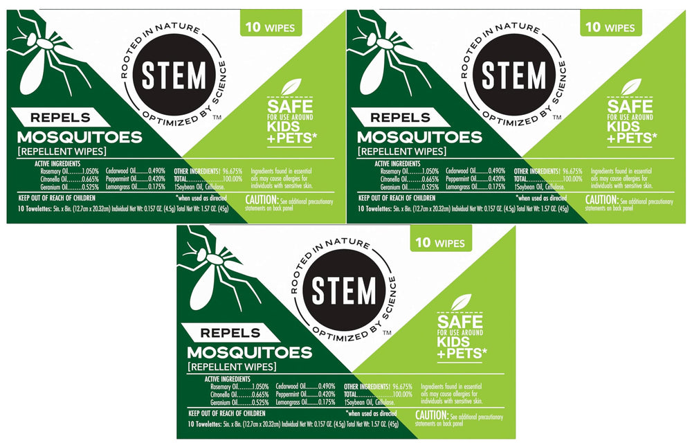 Stem Repels Mosquitoes wipes in a 3x10-pack for easy application