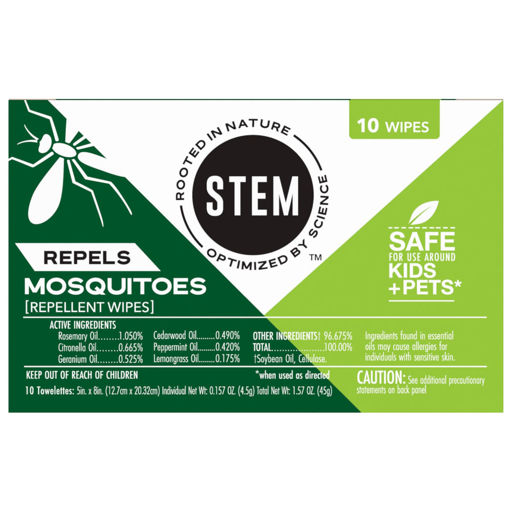 Fresh scent noted on STEM Repels Mosquitoes wipes packaging.