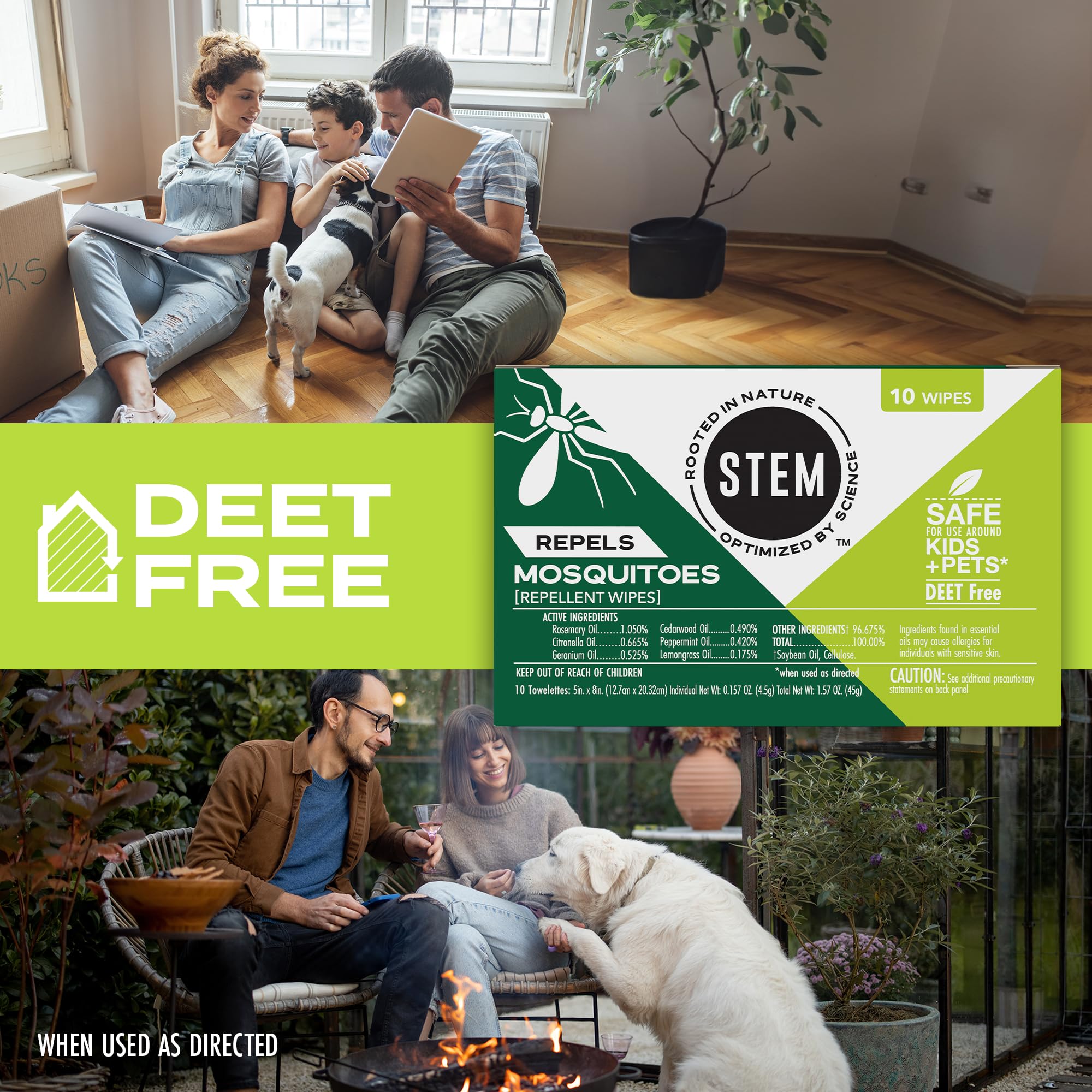 Close-up of a single STEM Repels Mosquitoes wipe for on-the-go protection.