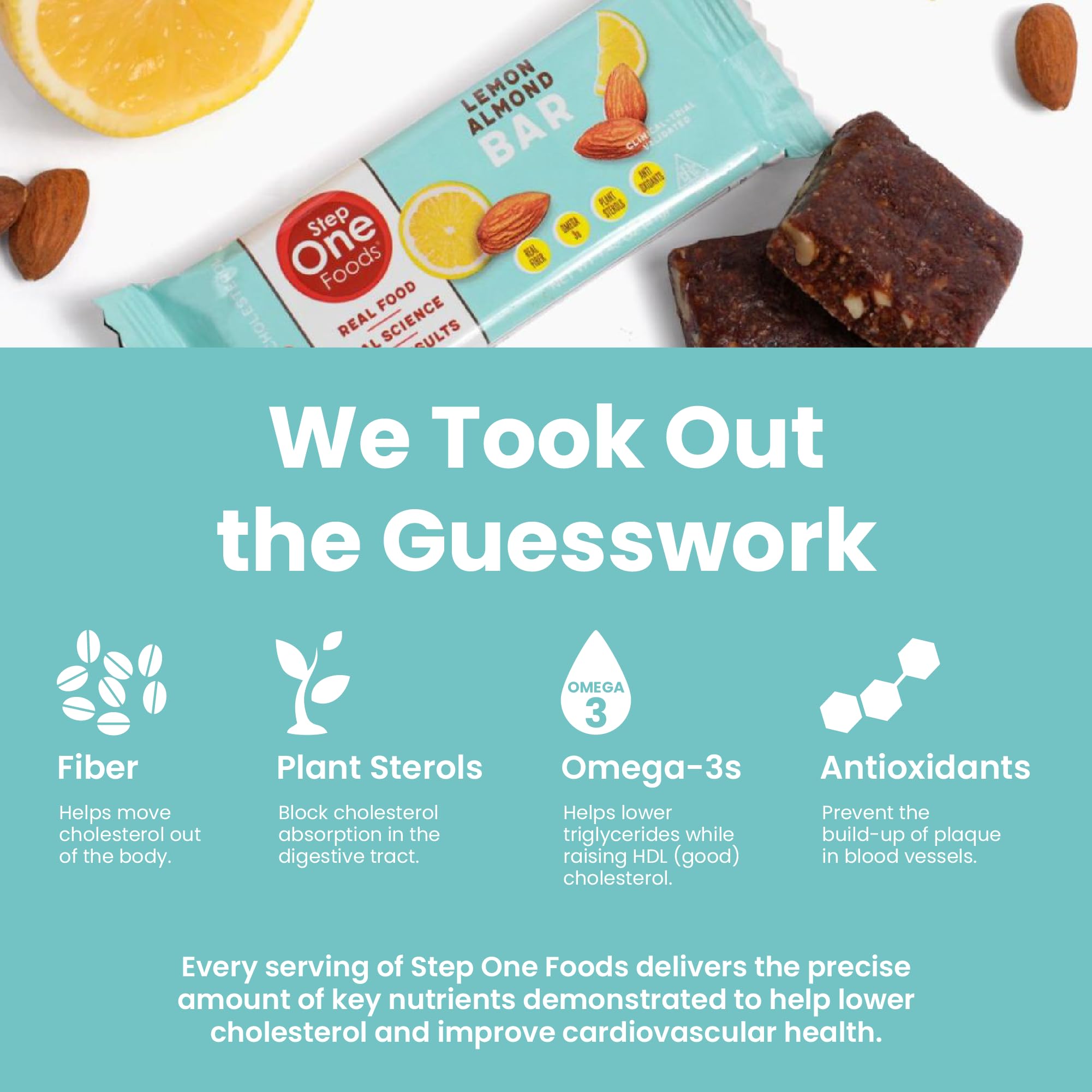 Step One Foods Lemon Almond Bar nutrition panel highlighting plant sterols and fiber.