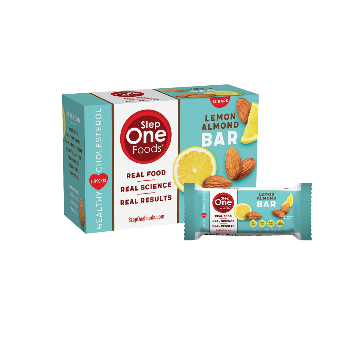 Step One Foods Lemon Almond Bar pack on display, a convenient heart-healthy snack.