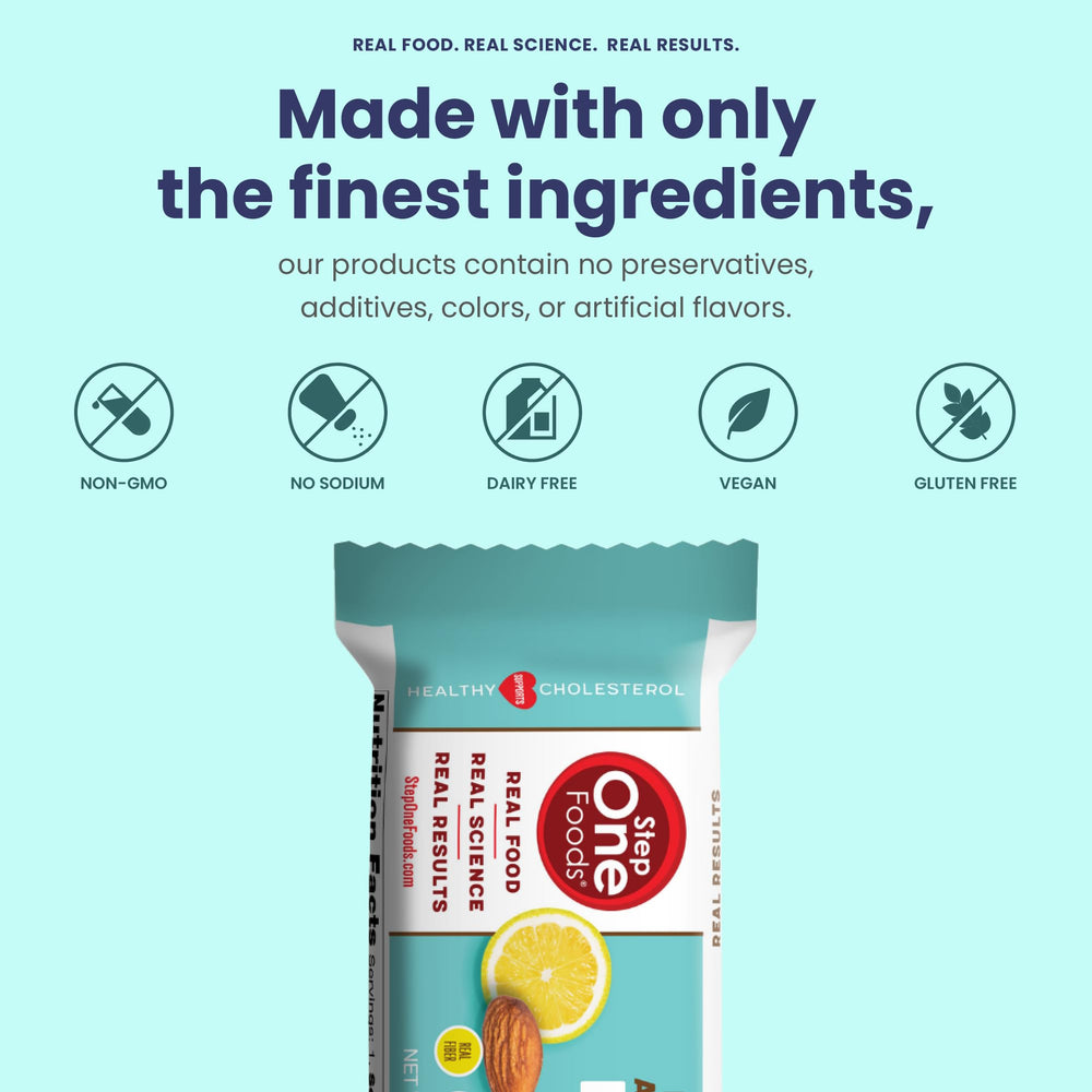 Step One Foods Lemon Almond Bar label shows 1.0 g plant sterol ester per serving.