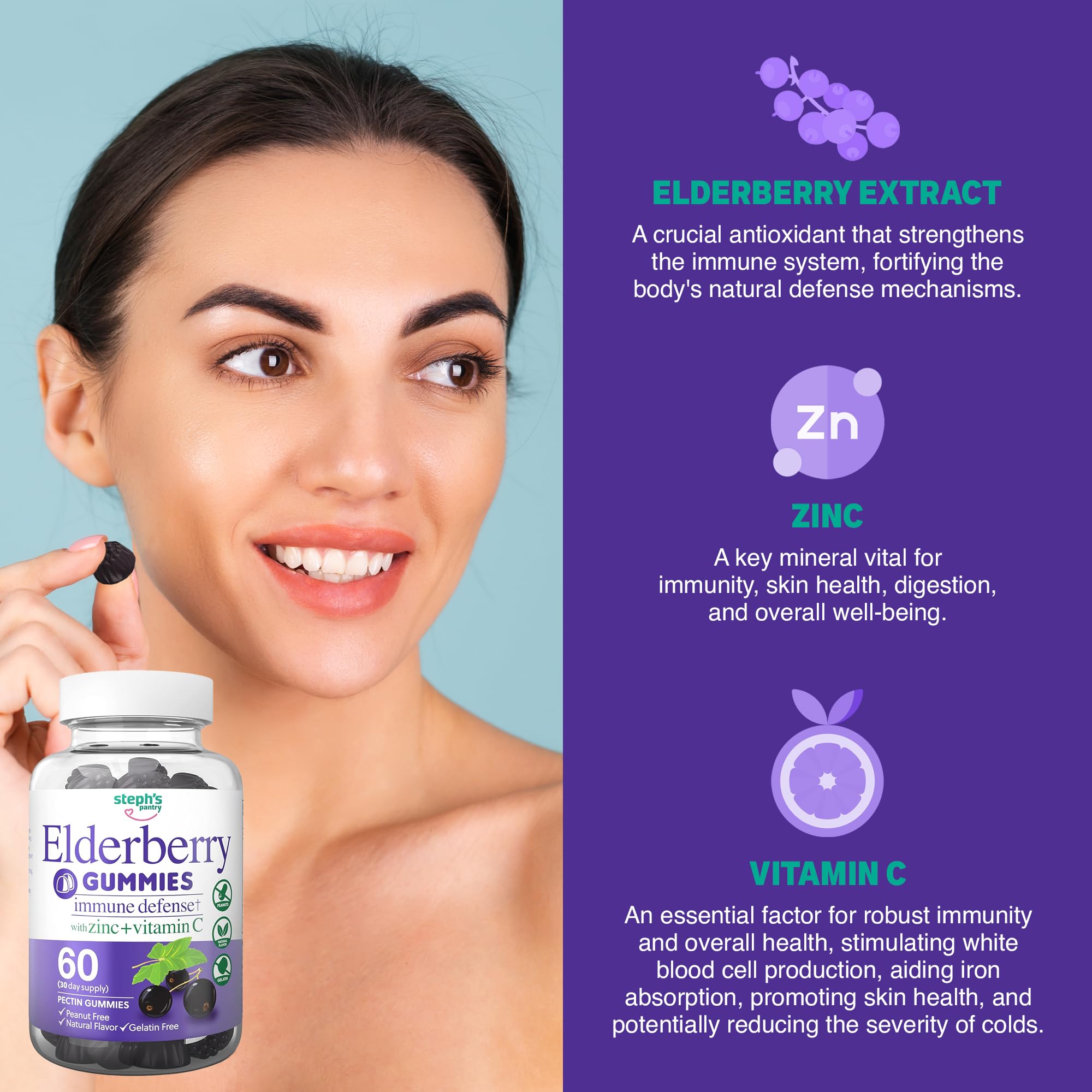 Allergen-free vegan formula label on elderberry gummies from Steph's Pantry.