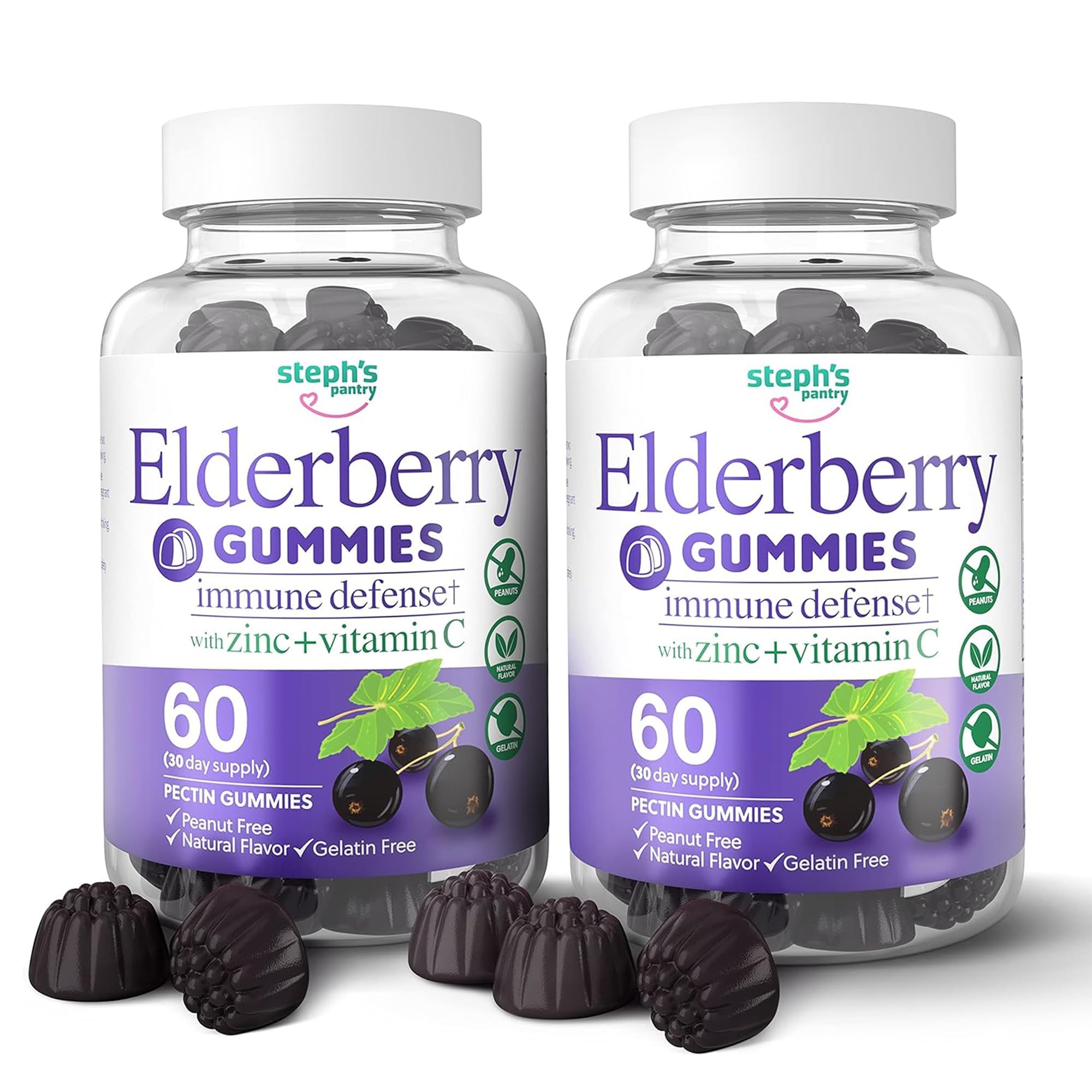 Steph's Pantry elderberry gummies bottle shows natural immune support for families.
