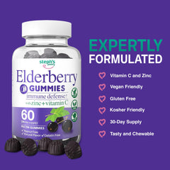 Nutrition icons highlight vitamin C and zinc for daily support with Steph's Pantry gummies.
