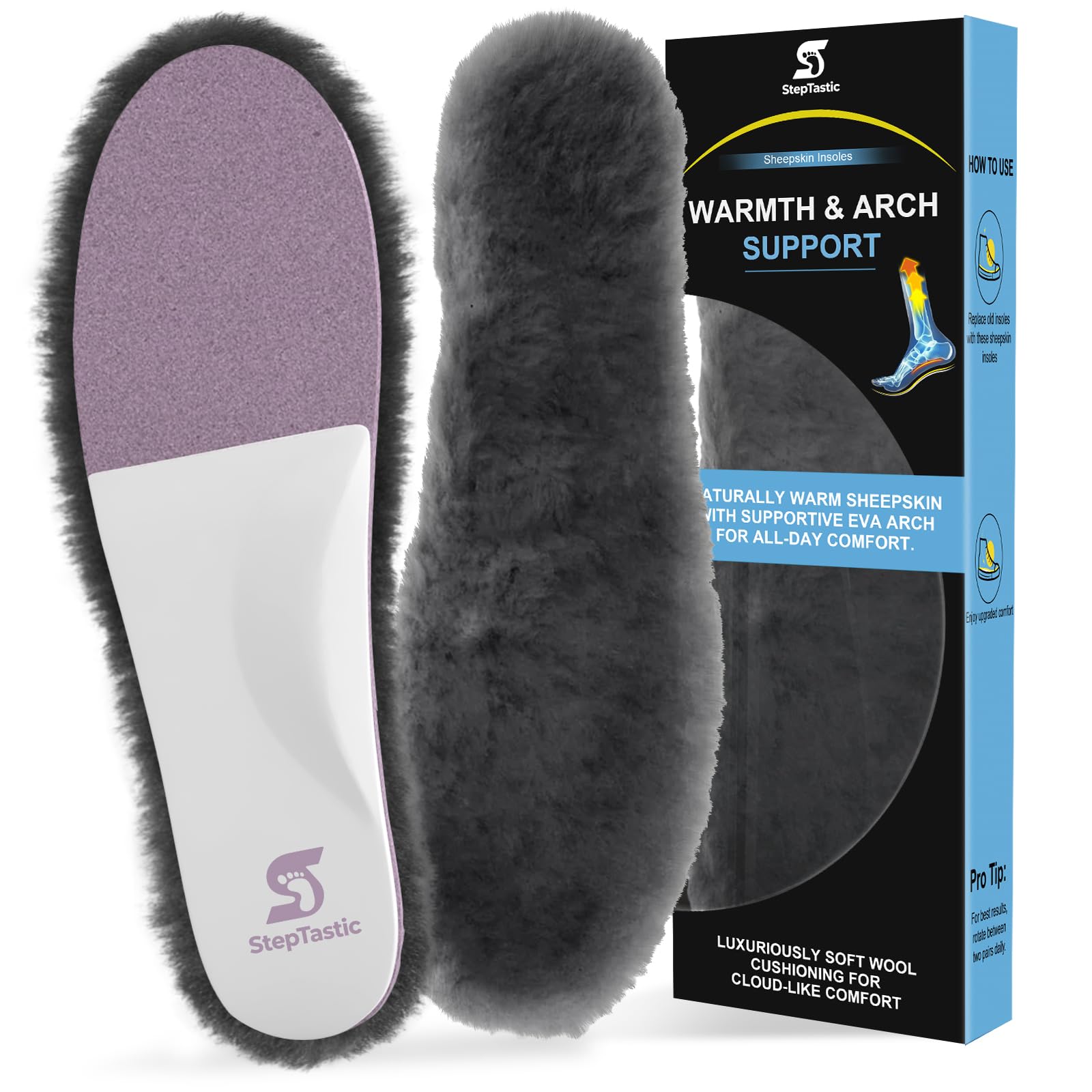 StepTastic women's sheepskin insoles front view showing thick wool warmth