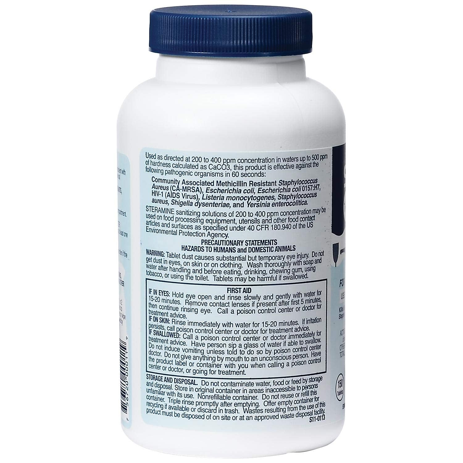 Blue-dyed sterilizing solution ready to use after dissolving a Steramine tablet.