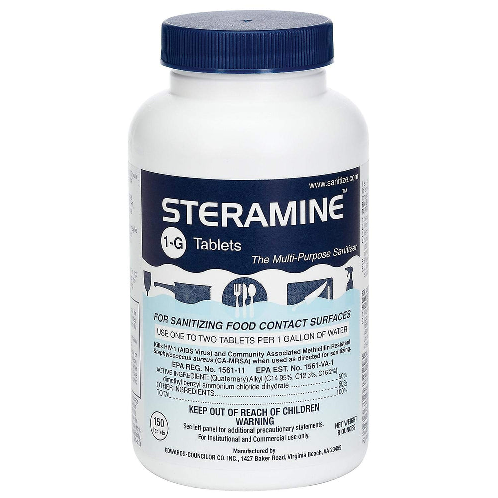 Steramine 1-G tablets in bottle for restaurant-grade surface sanitizing.