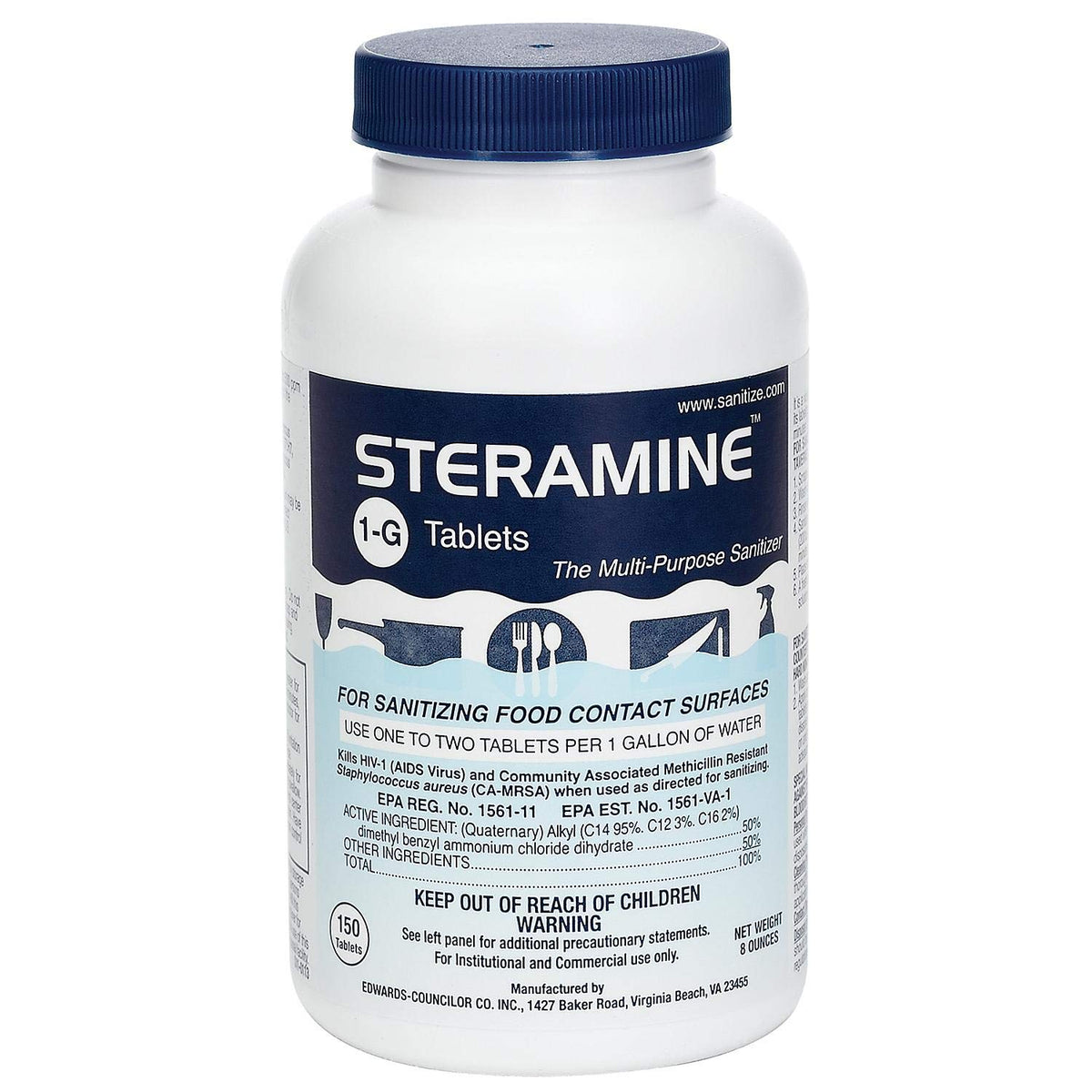 Steramine 1-G tablets in bottle for restaurant-grade surface sanitizing.