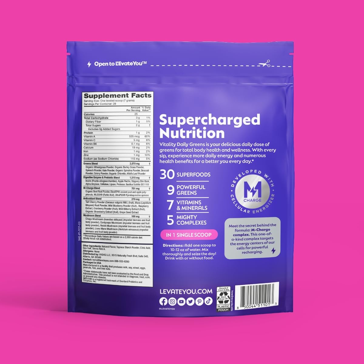 Packaging close-up showing M-Charge Complex and probiotic blend