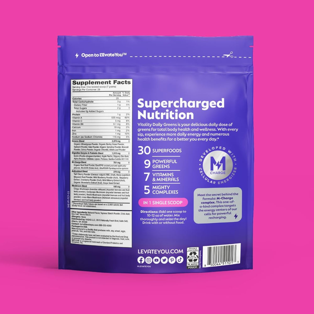 Packaging close-up showing M-Charge Complex and probiotic blend