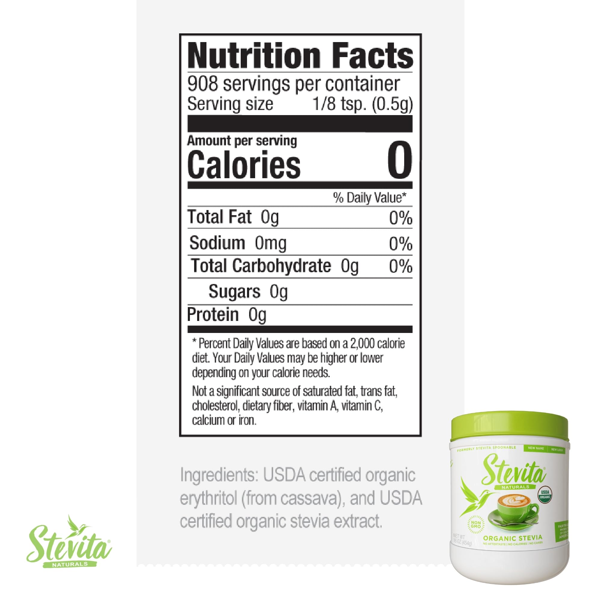 Stevita label closeup shows USDA Organic and non-GMO credentials.
