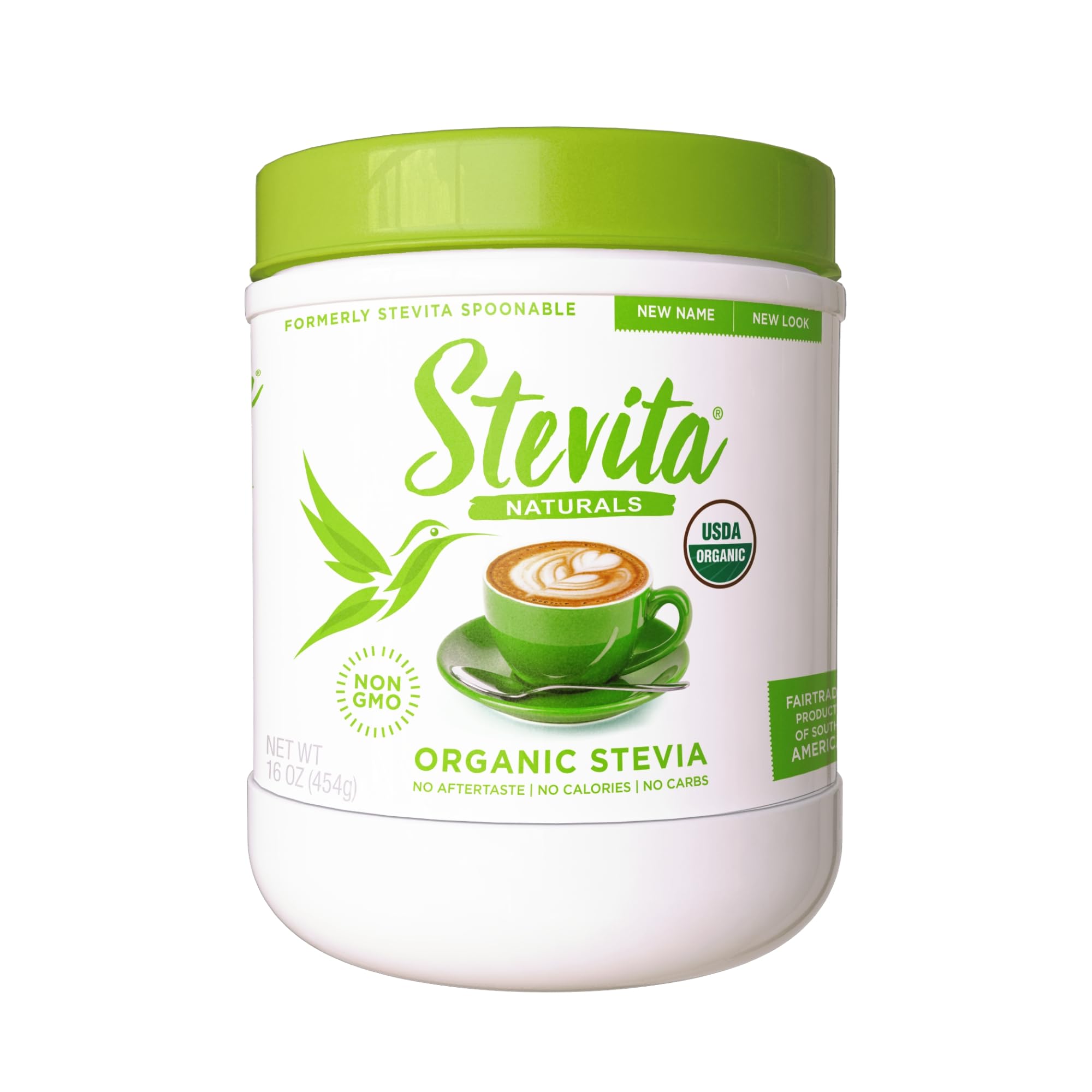 Stevita Organic Stevia jar offers sugar-free sweetness with zero calories.