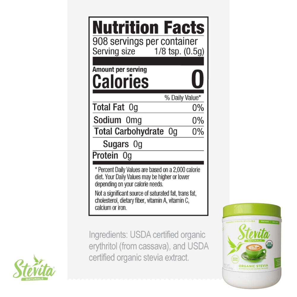 Stevita stevia-erythritol blend spoon for coffee or tea.
