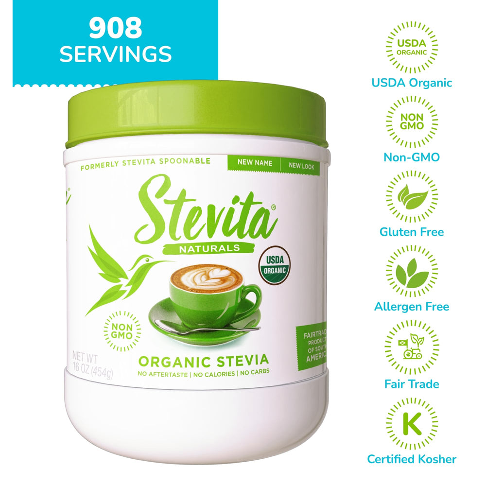 Stevita tea-mug view demonstrates sugar-free sweetness for hot or iced drinks.