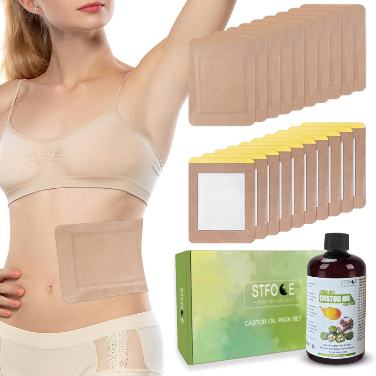 STFOCE castor oil pack wrap self-adhesive on skin for mess-free use