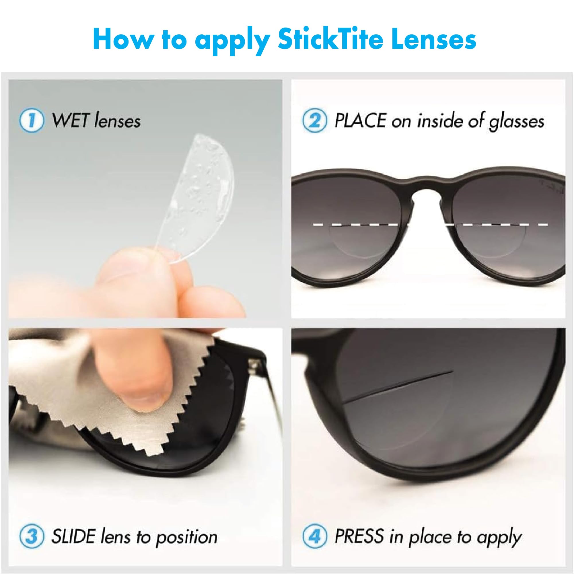 Pair of StickTite Lenses turning non-prescription glasses into bifocals outdoors.
