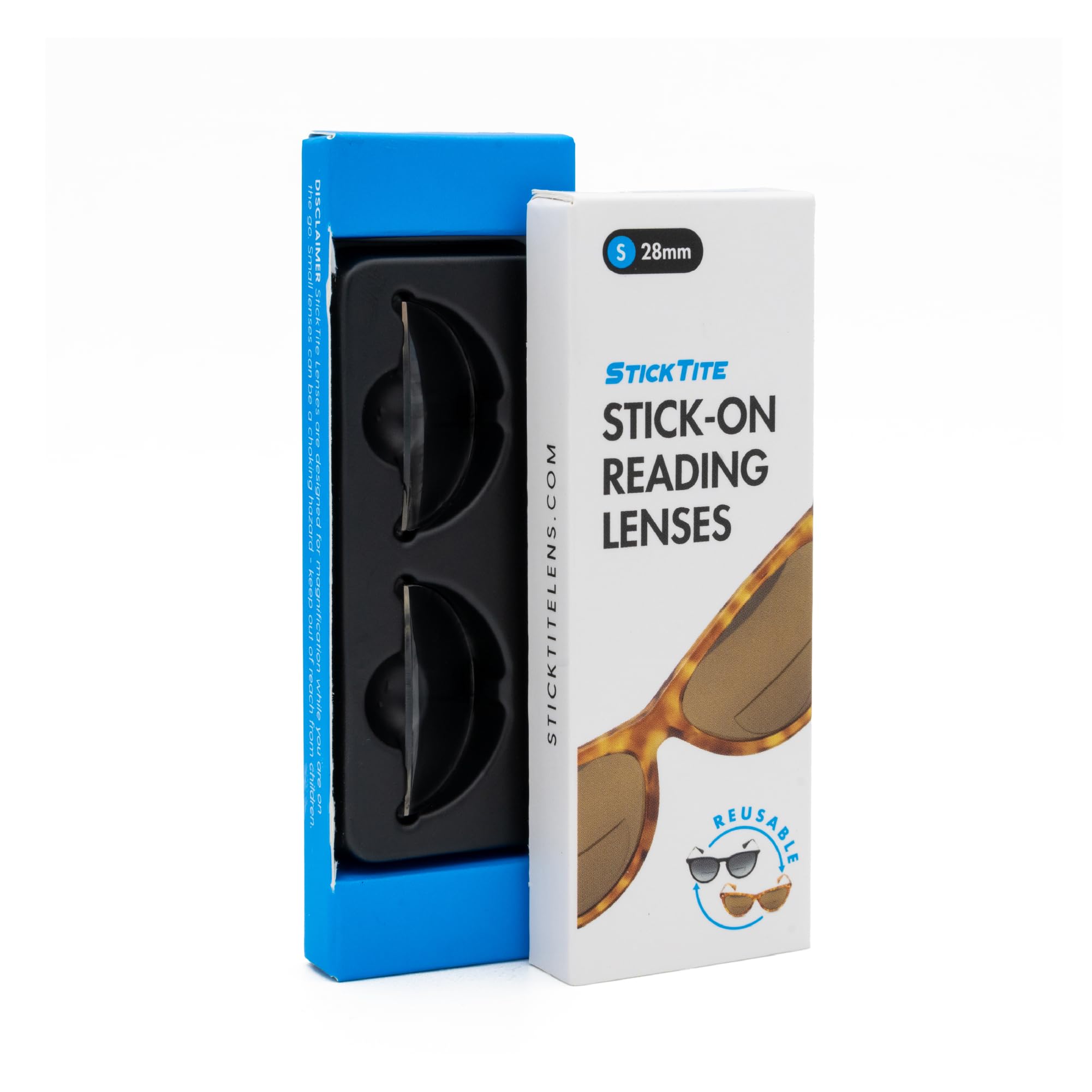StickTite Lenses Small 28mm on sunglasses for instant magnified reading outdoors.