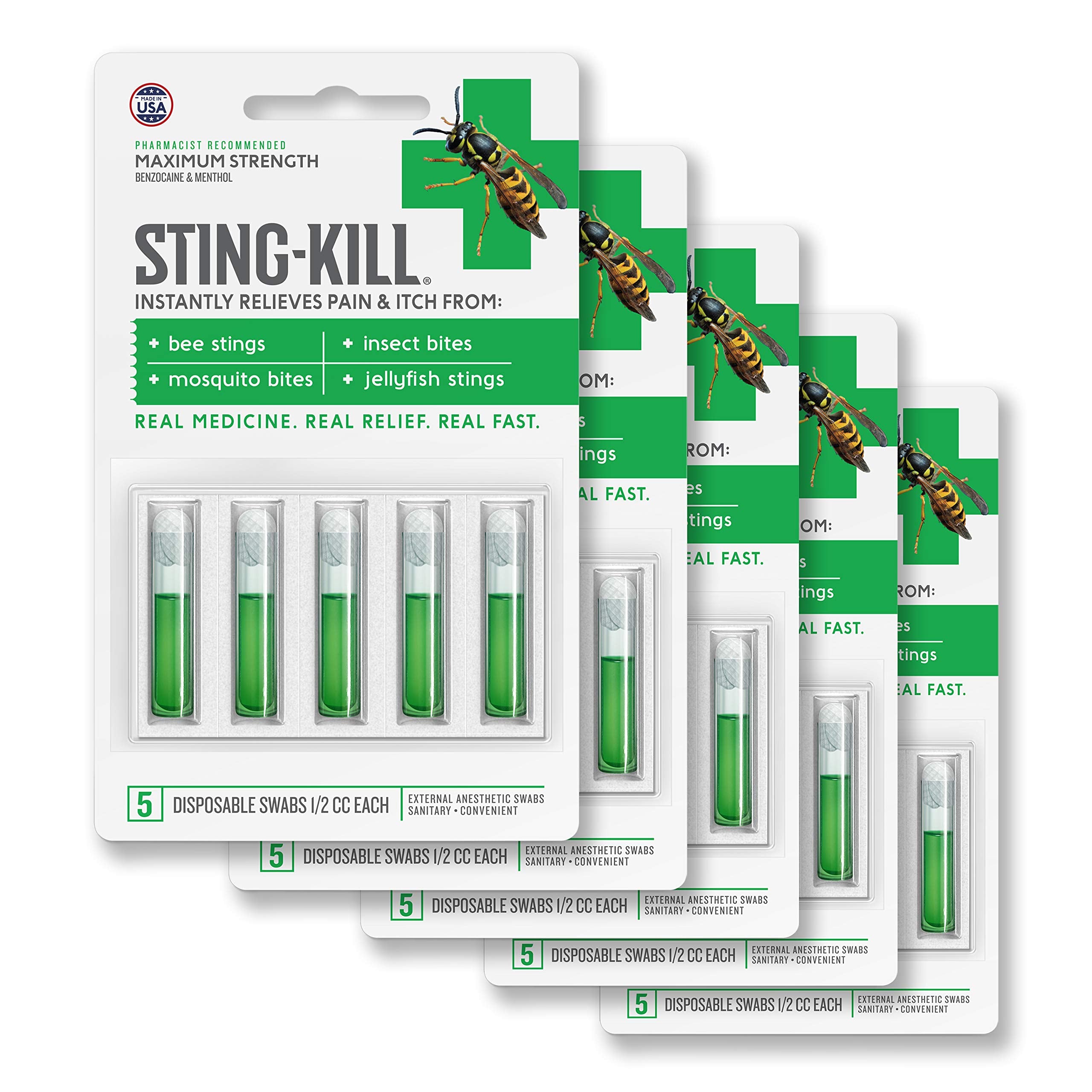 Sting-Kill packaging front with five disposable swabs for quick relief.