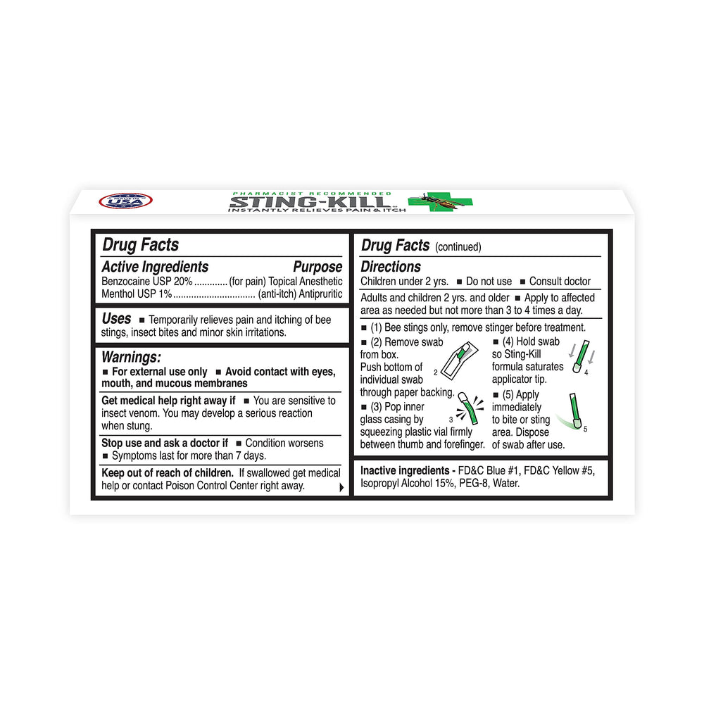 Sting-Kill swab application on skin showing quick relief use