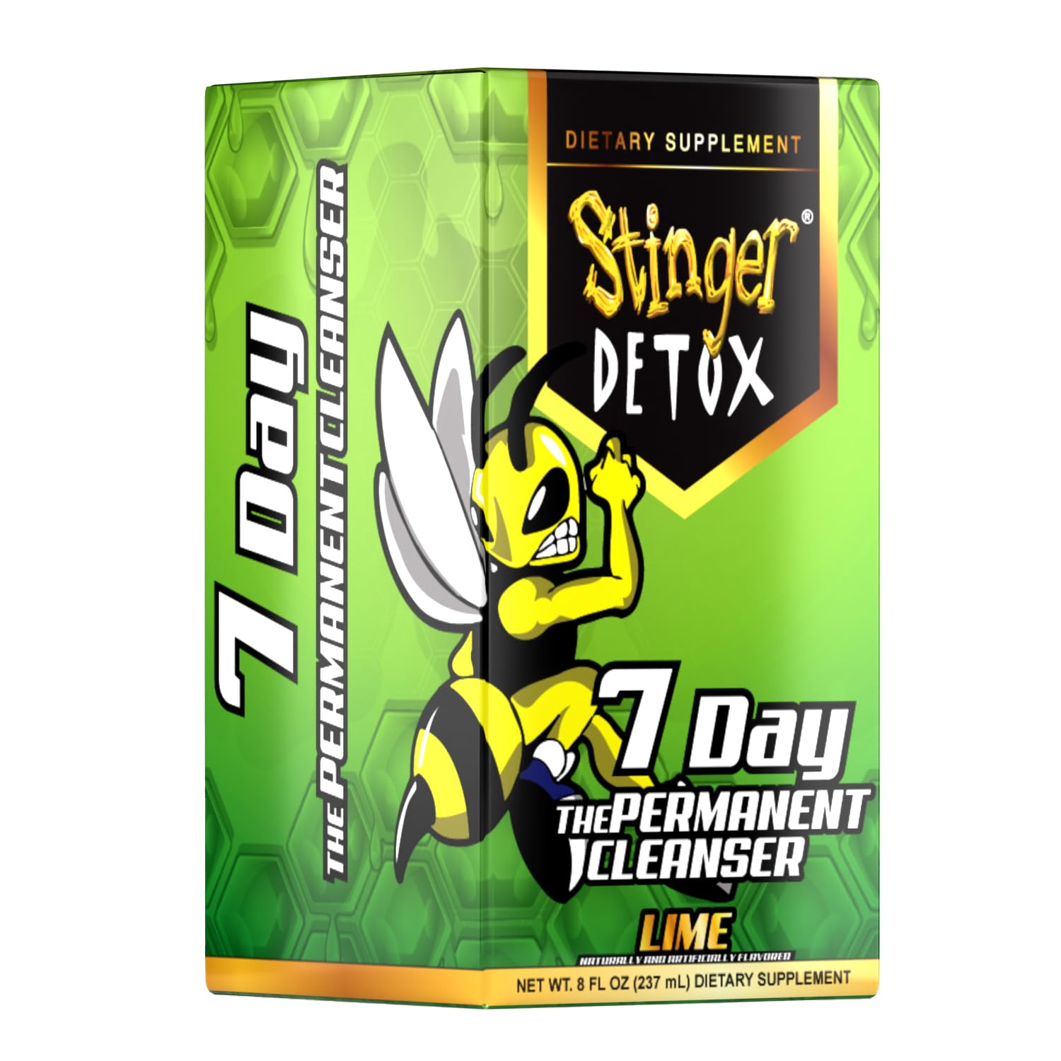 Stinger Detox lime bottle on countertop suggests a simple daily routine.