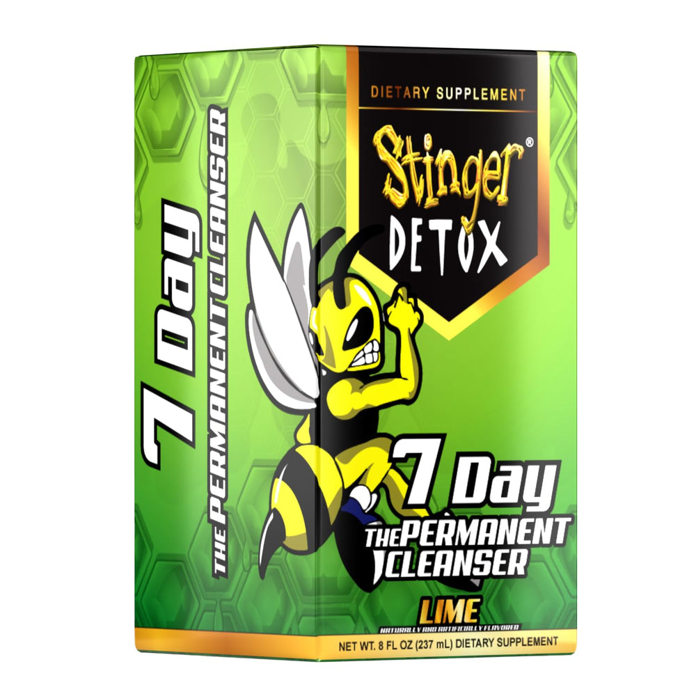 Stinger Detox lime bottle on countertop suggests a simple daily routine.