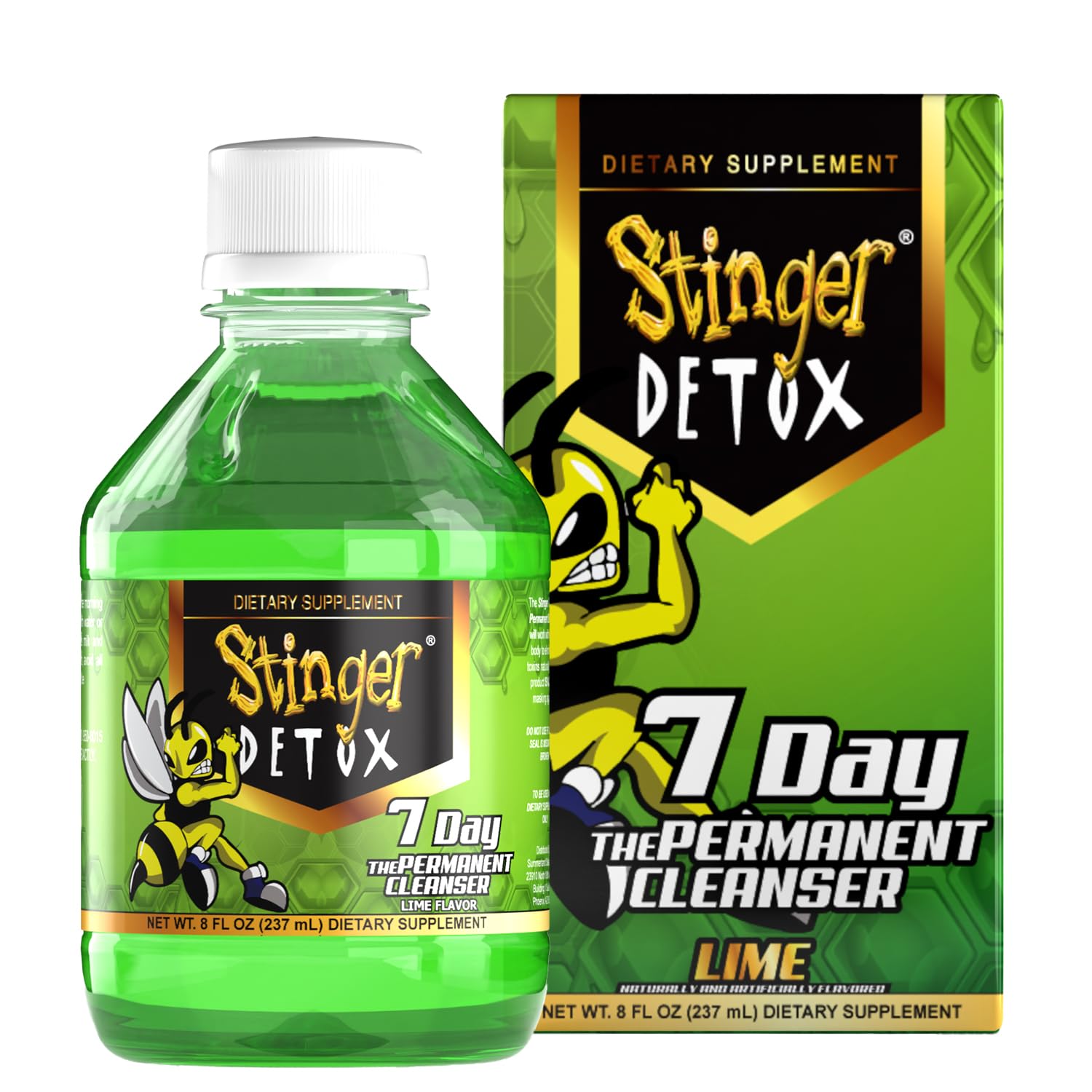 Stinger Detox lime bottle on table ready for a refreshing daily cleanse.