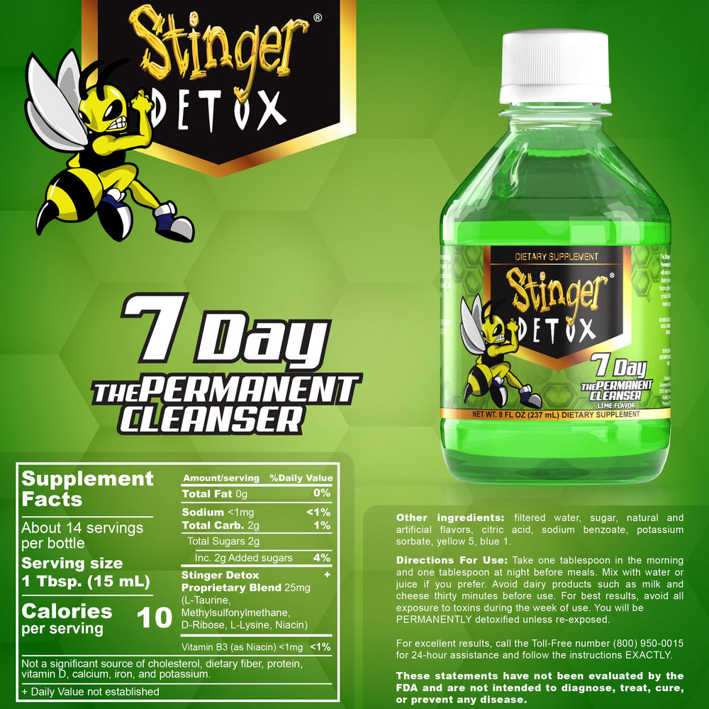Stinger Detox lime bottle with slices hints refreshing hydration.