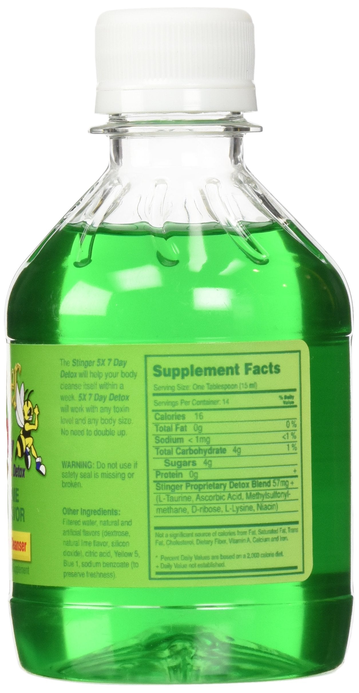 Stinger Detox ingredients close-up features Taurine, MSM, Niacin blend.
