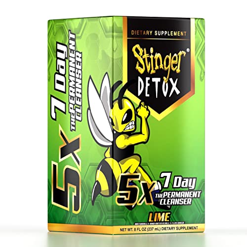 Stinger Detox liquid close-up shows vibrant lime hue and natural ingredients.