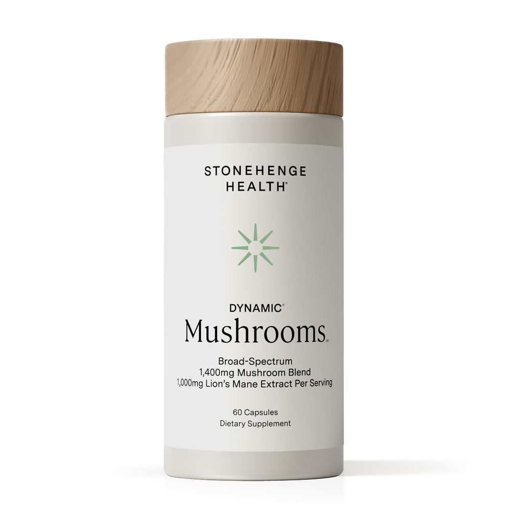 Stonehenge Health Dynamic Mushrooms bottle label highlights 5-mushroom formula for focus.