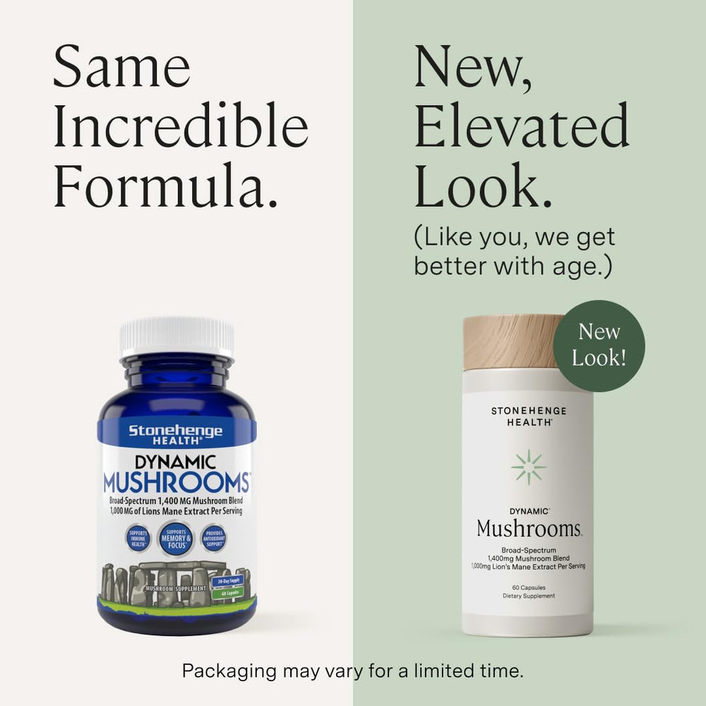 Stonehenge Health Dynamic Mushrooms capsules close-up showcases concentrated extracts.