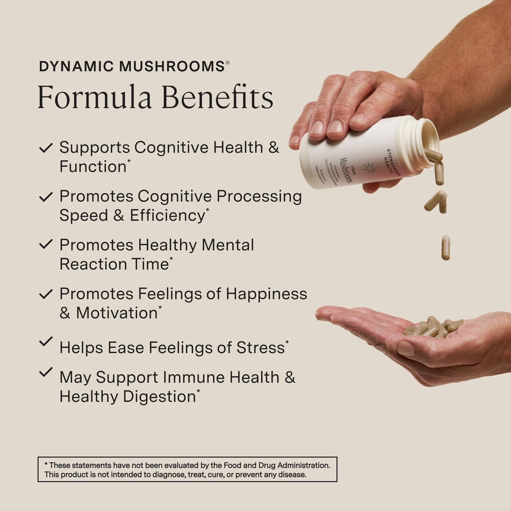 Stonehenge Health Dynamic Mushrooms capsule lineup highlights Lions Mane for cognitive support.